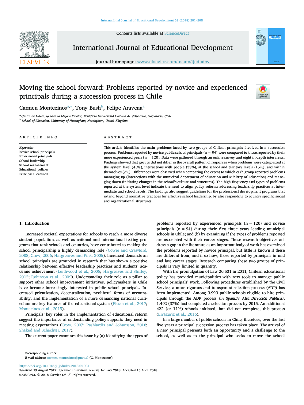 Moving the school forward: Problems reported by novice and experienced principals during a succession process in Chile