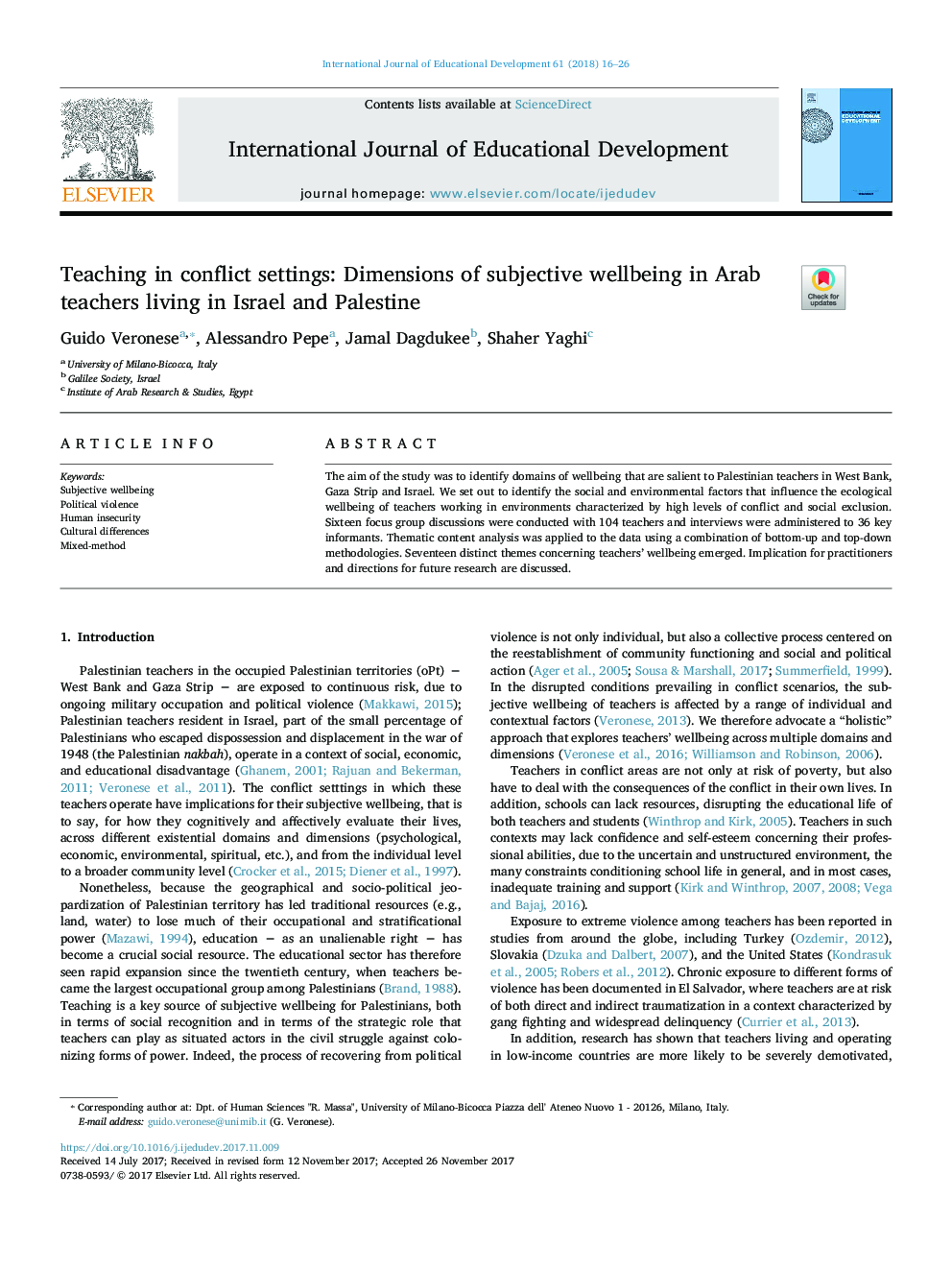 Teaching in conflict settings: Dimensions of subjective wellbeing in Arab teachers living in Israel and Palestine