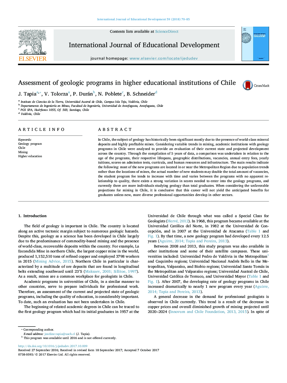 Assessment of geologic programs in higher educational institutions of Chile