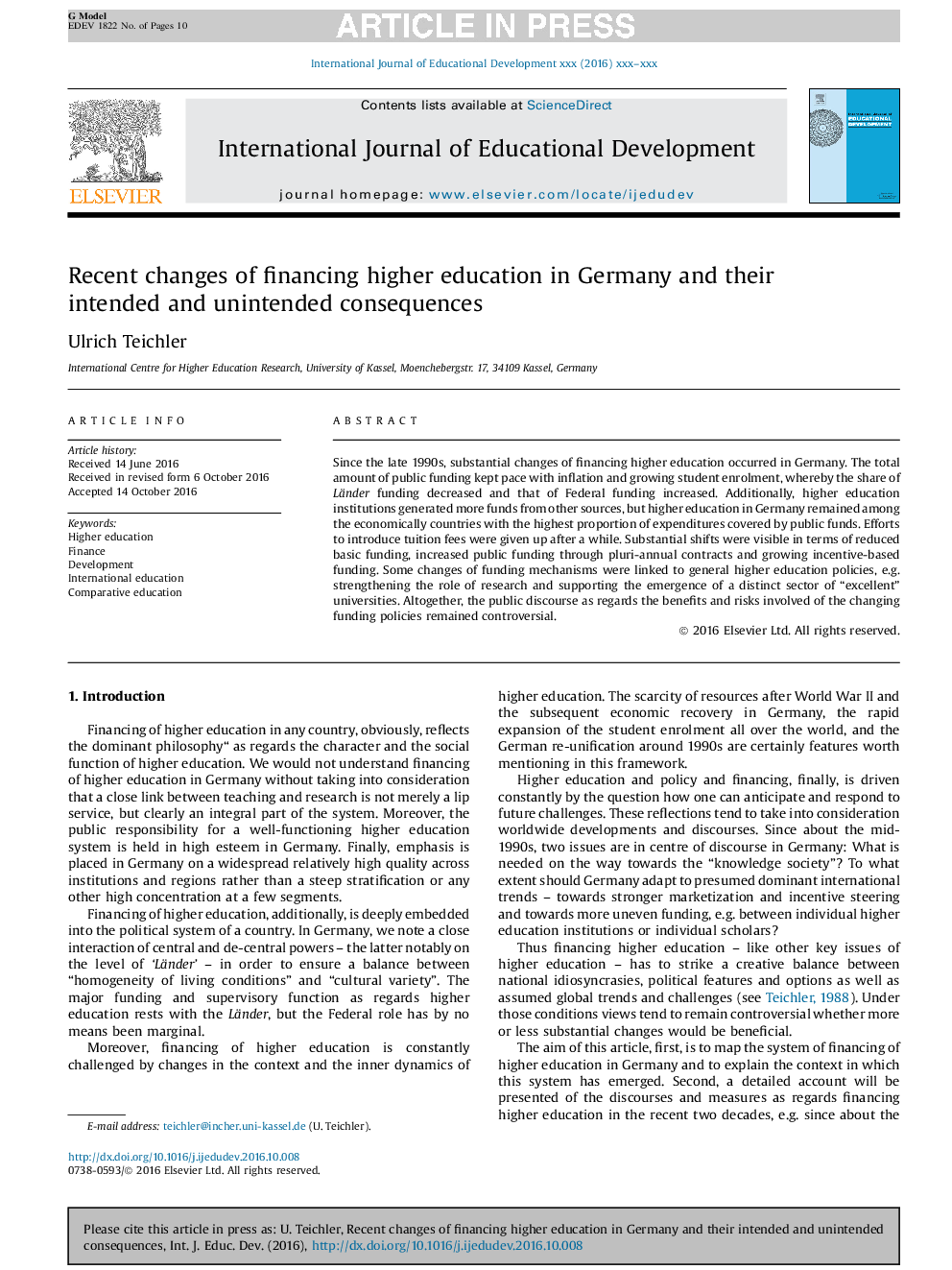 Recent changes of financing higher education in Germany and their intended and unintended consequences