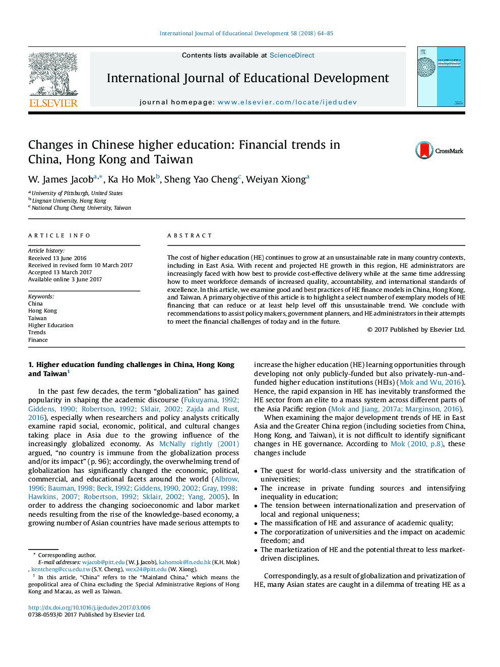 Changes in Chinese higher education: Financial trends in China, Hong Kong and Taiwan