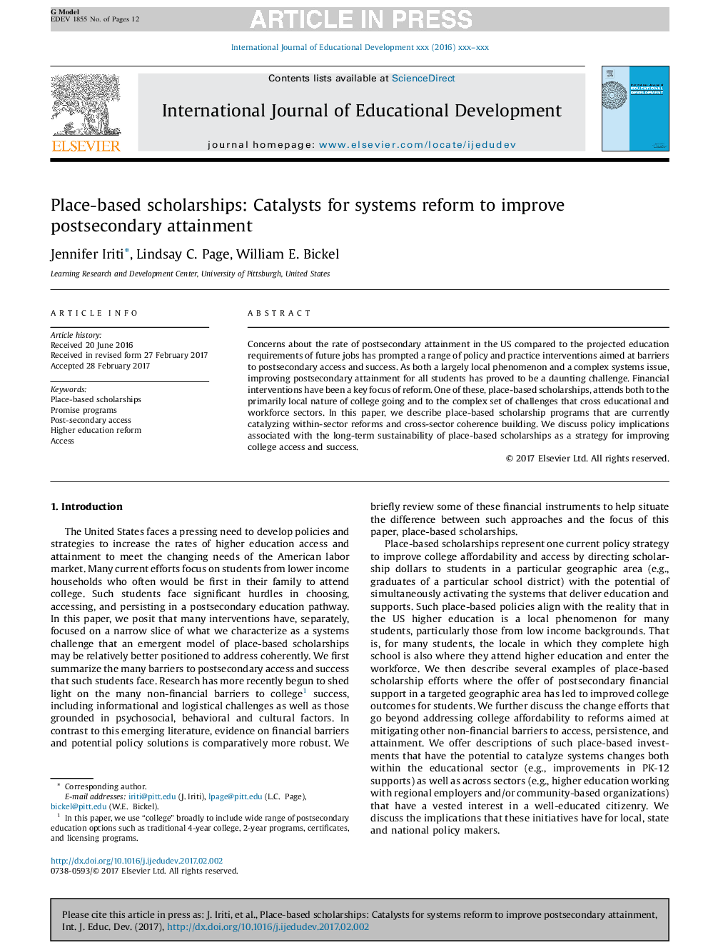 Place-based scholarships: Catalysts for systems reform to improve postsecondary attainment