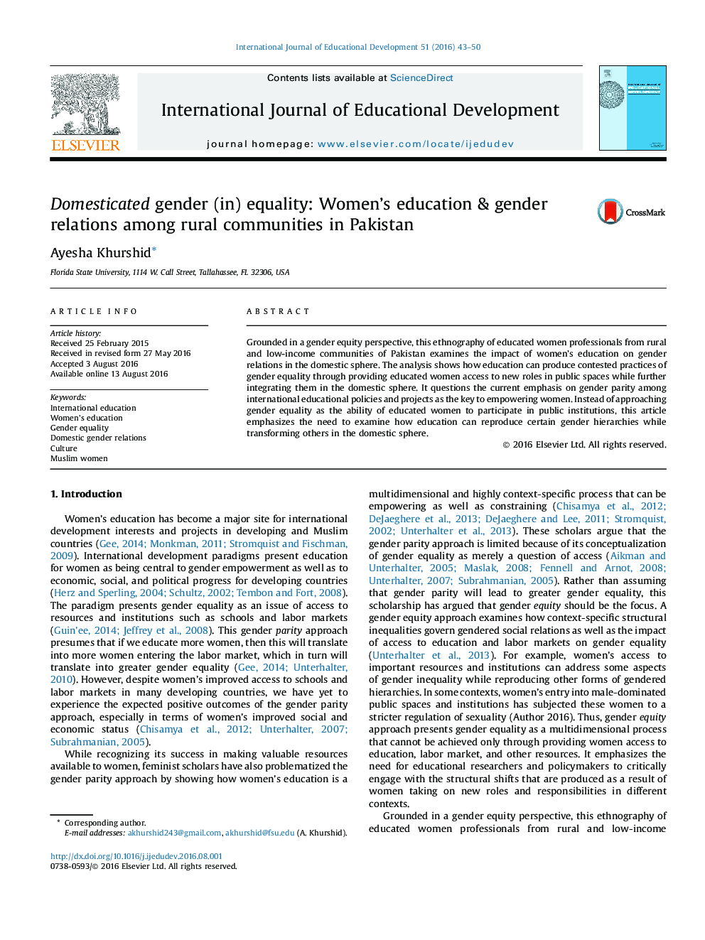 Domesticated gender (in) equality: Women's education & gender relations among rural communities in Pakistan