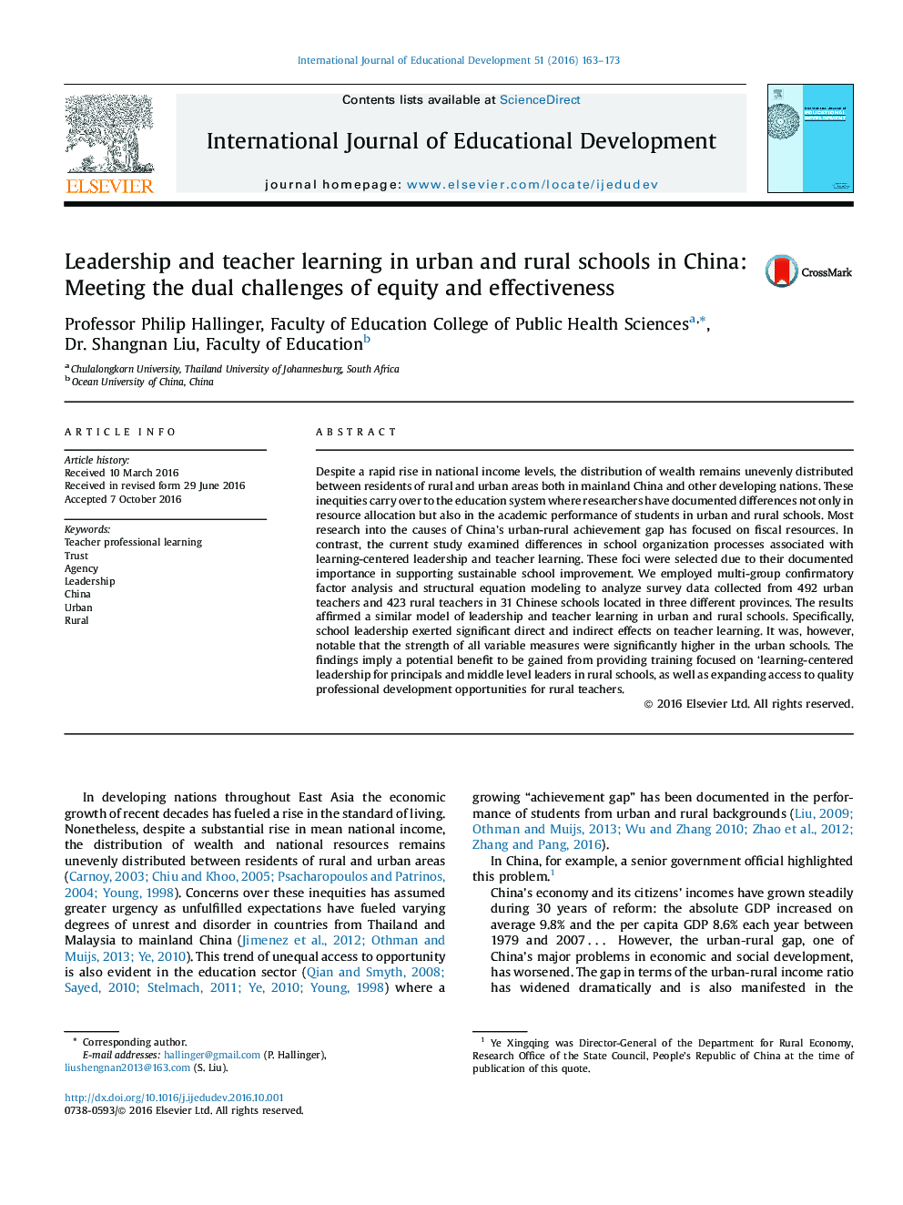Leadership and teacher learning in urban and rural schools in China: Meeting the dual challenges of equity and effectiveness
