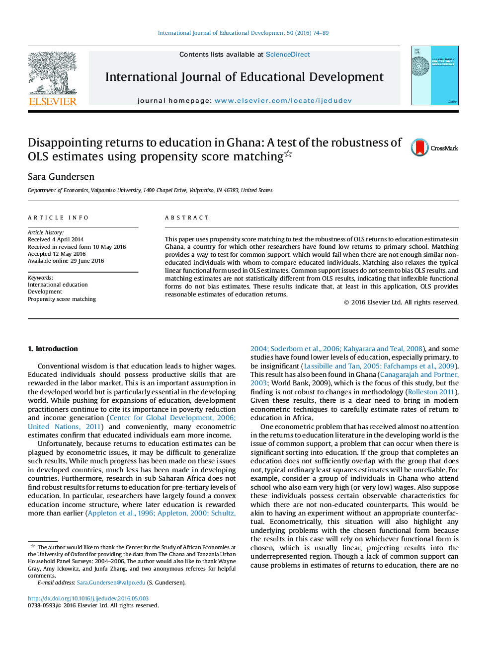 Disappointing returns to education in Ghana: A test of the robustness of OLS estimates using propensity score matching