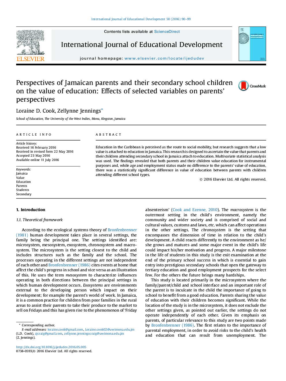 Perspectives of Jamaican parents and their secondary school children on the value of education: Effects of selected variables on parents' perspectives