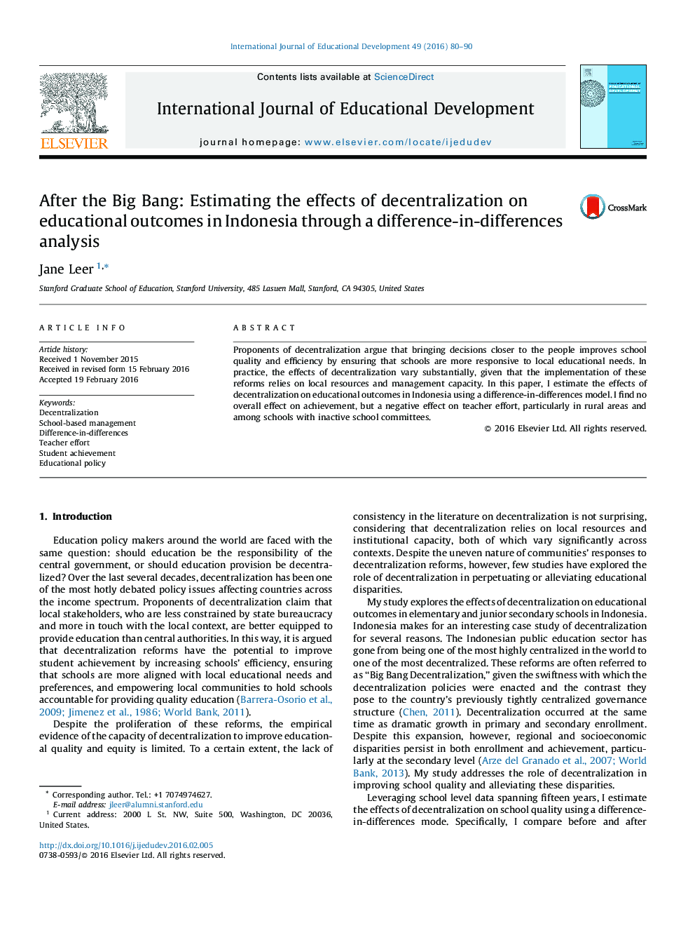 After the Big Bang: Estimating the effects of decentralization on educational outcomes in Indonesia through a difference-in-differences analysis