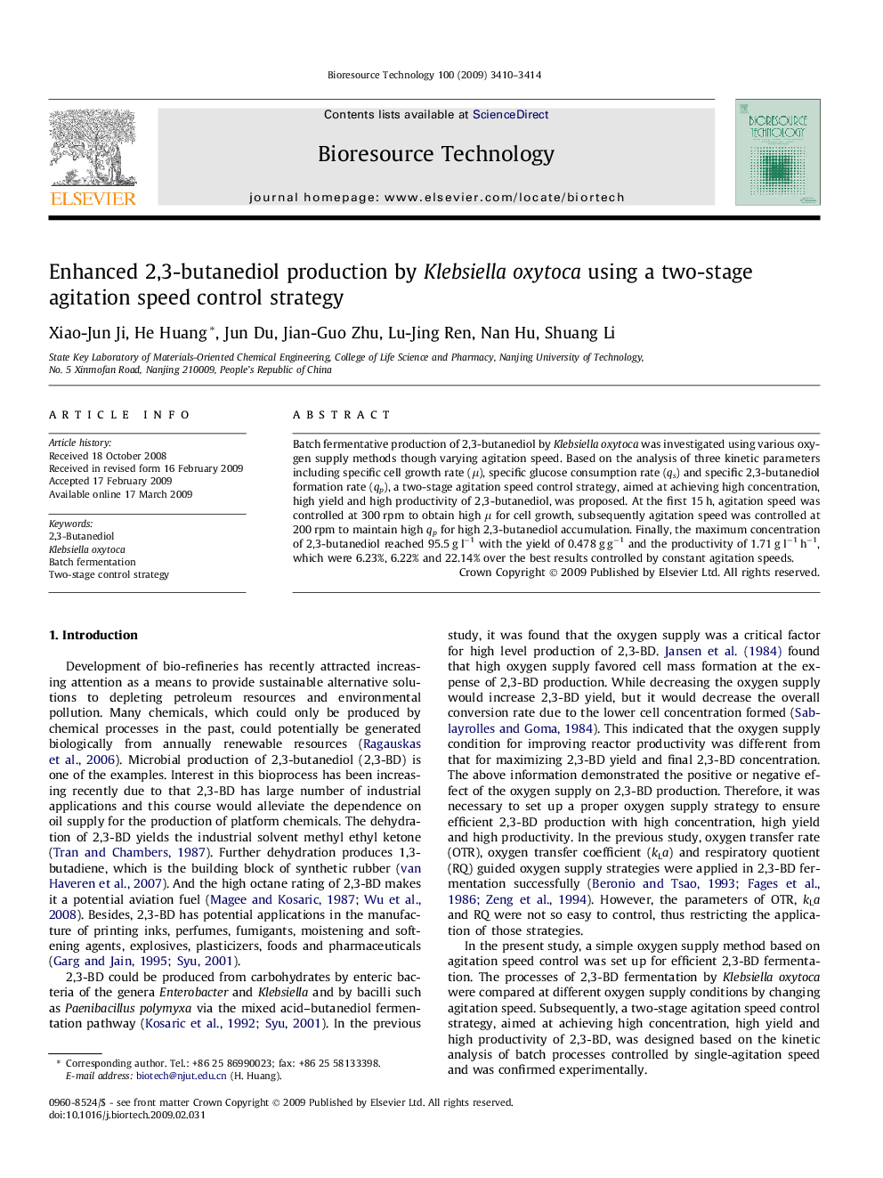 عکس صفحه اول مقاله: Enhanced 2,3-butanediol production by Klebsiella oxytoca using a two-stage agitation speed control strategy Enhanced 2,3-butanediol production by Klebsiella oxytoca using a two-stage agitation speed control strategy