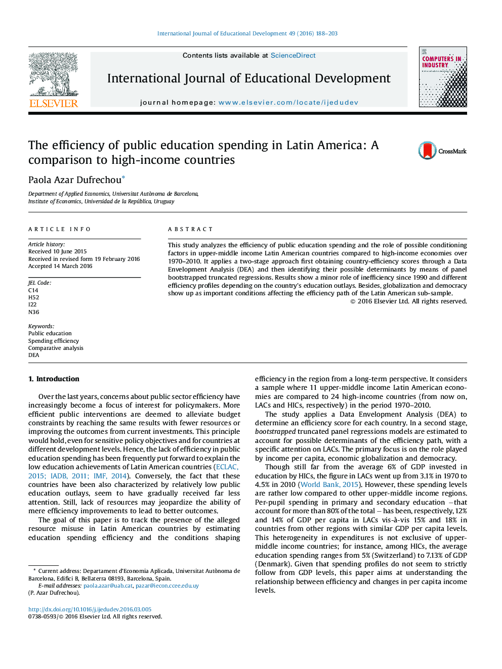 The efficiency of public education spending in Latin America: A comparison to high-income countries