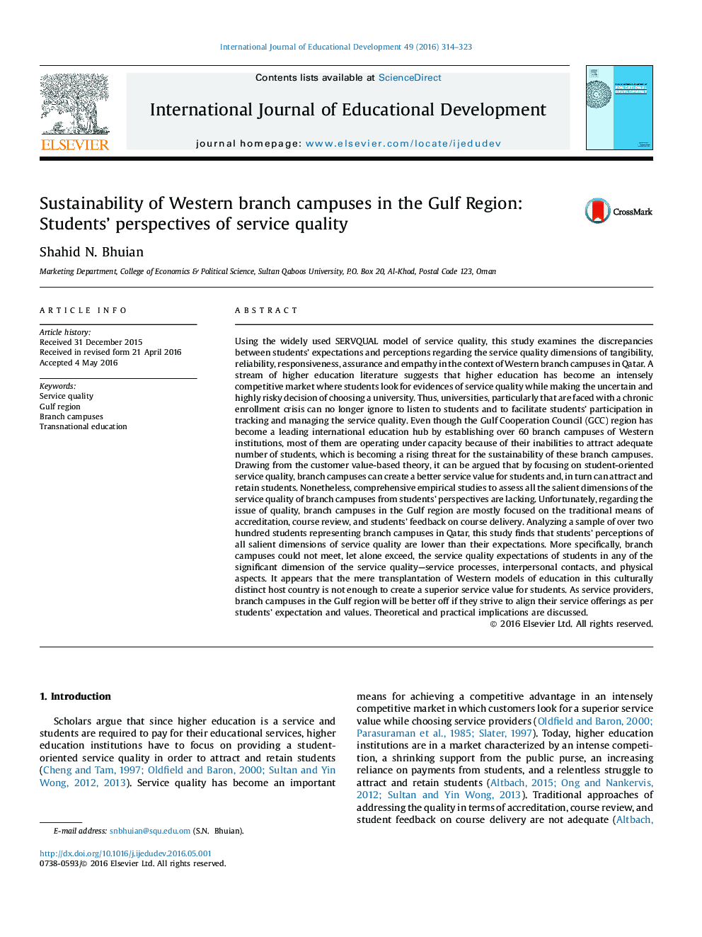 Sustainability of Western branch campuses in the Gulf Region: Students' perspectives of service quality