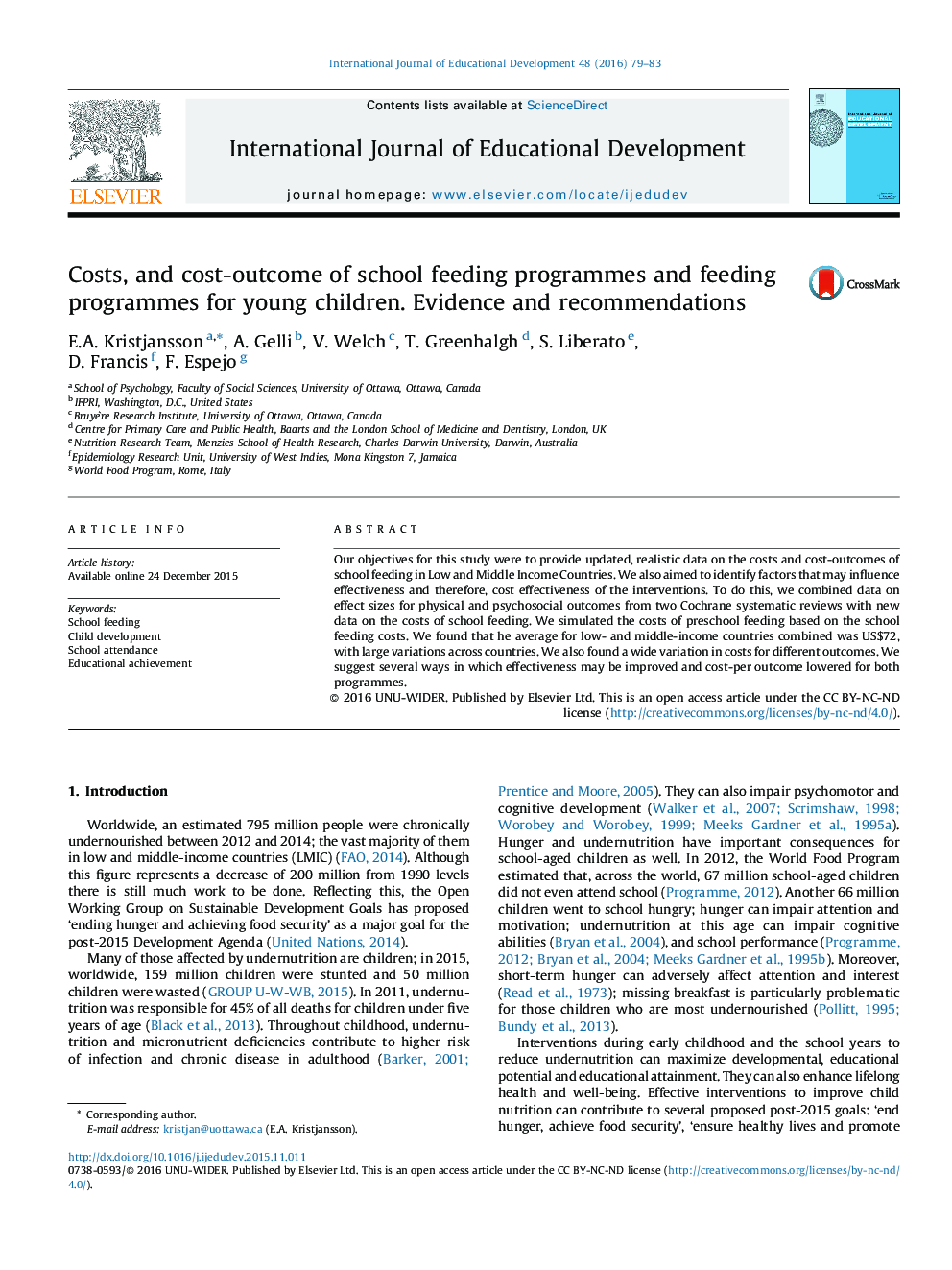 Costs, and cost-outcome of school feeding programmes and feeding programmes for young children. Evidence and recommendations