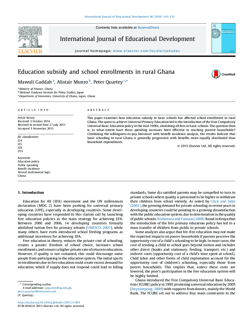 Education subsidy and school enrollments in rural Ghana