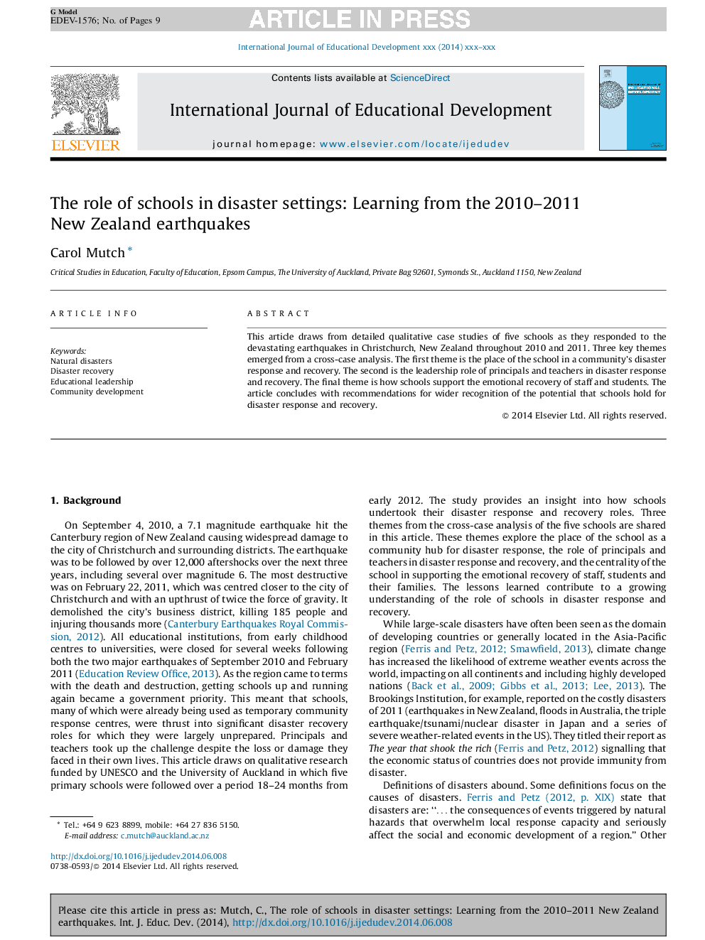 The role of schools in disaster settings: Learning from the 2010-2011 New Zealand earthquakes