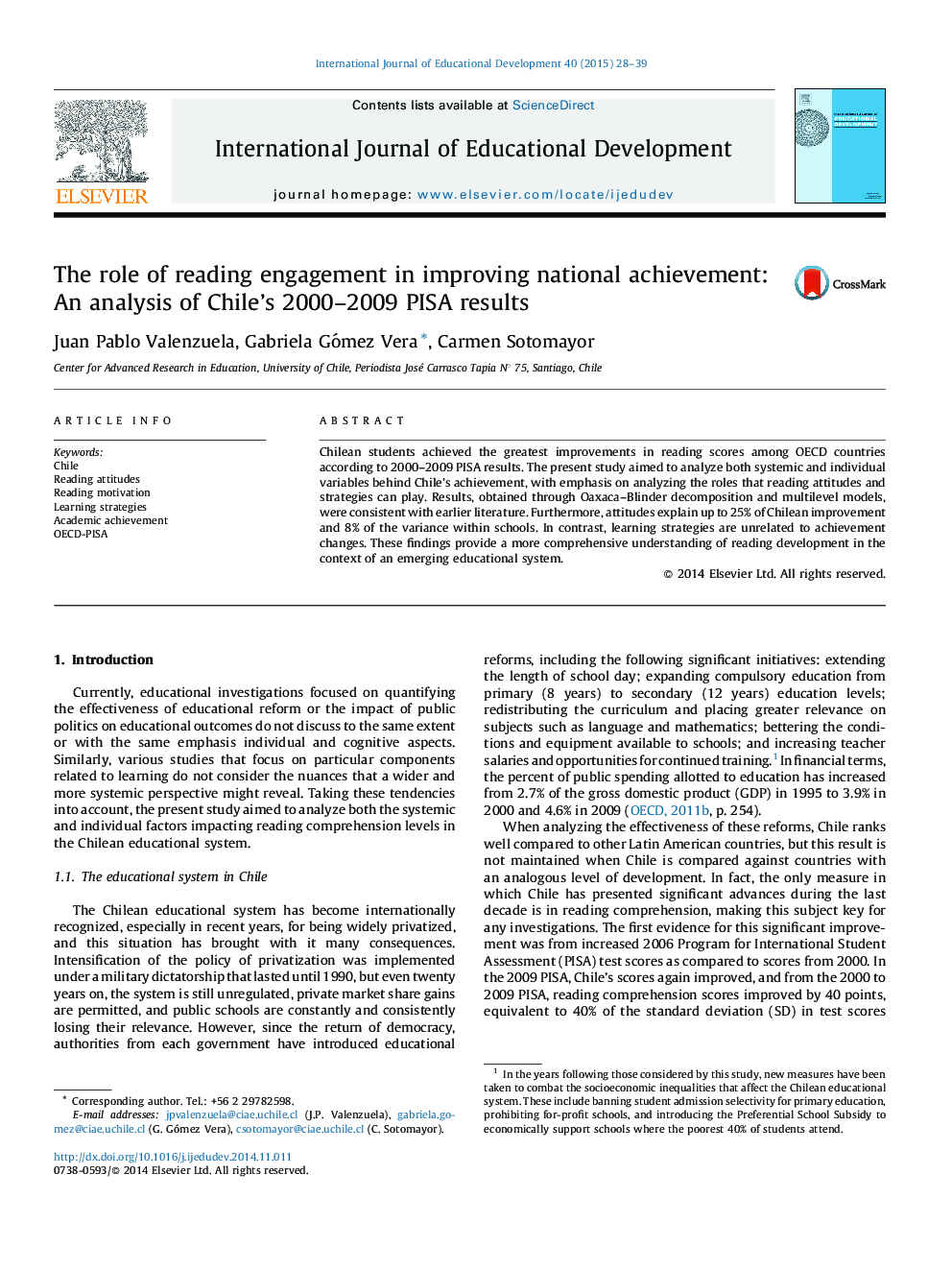 The role of reading engagement in improving national achievement: An analysis of Chile's 2000-2009 PISA results