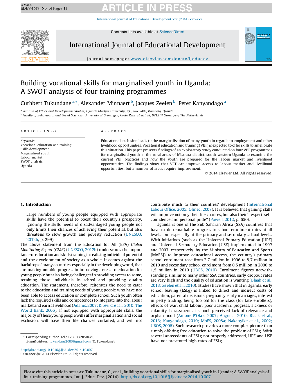 Building vocational skills for marginalised youth in Uganda: A SWOT analysis of four training programmes