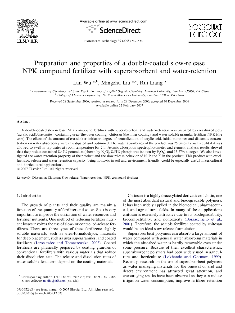 Preparation and properties of a double-coated slow-release NPK compound fertilizer with superabsorbent and water-retention