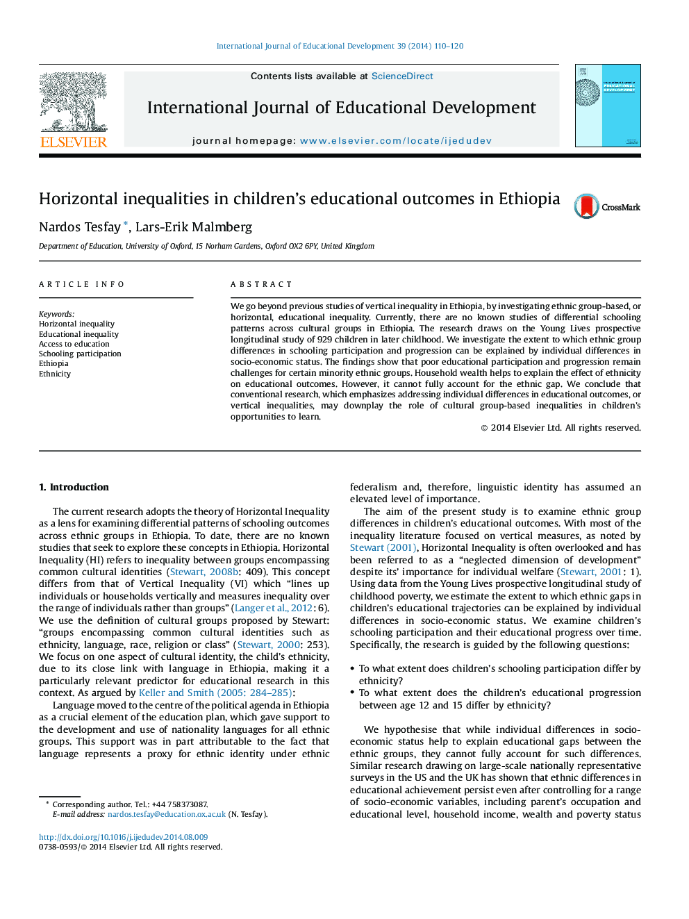 Horizontal inequalities in children's educational outcomes in Ethiopia