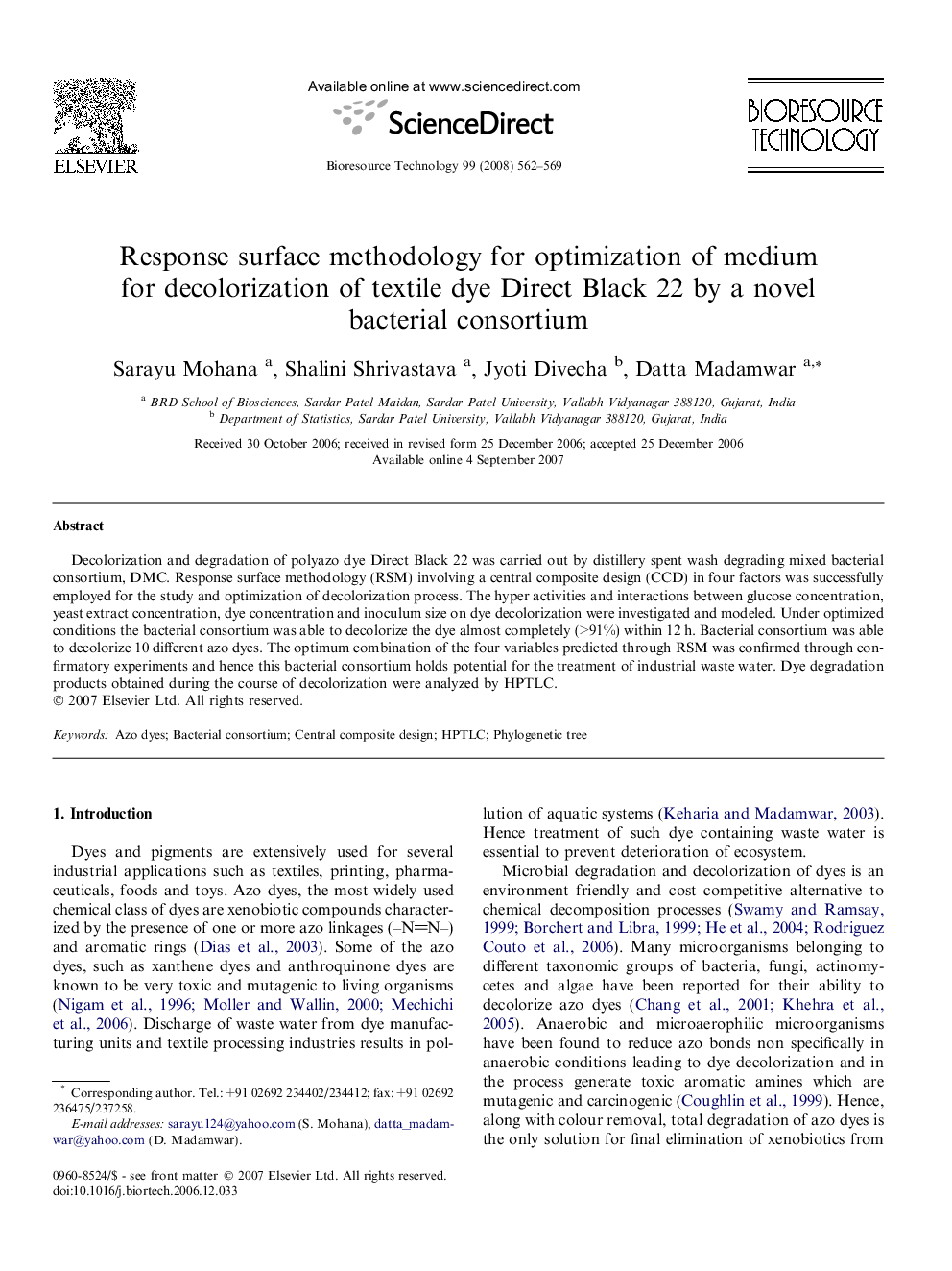 عکس صفحه اول مقاله: Response surface methodology for optimization of medium for decolorization of textile dye Direct Black 22 by a novel bacterial consortium Response surface methodology for optimization of medium for decolorization of textile dye Direct Black 22 by a novel bacterial consortium