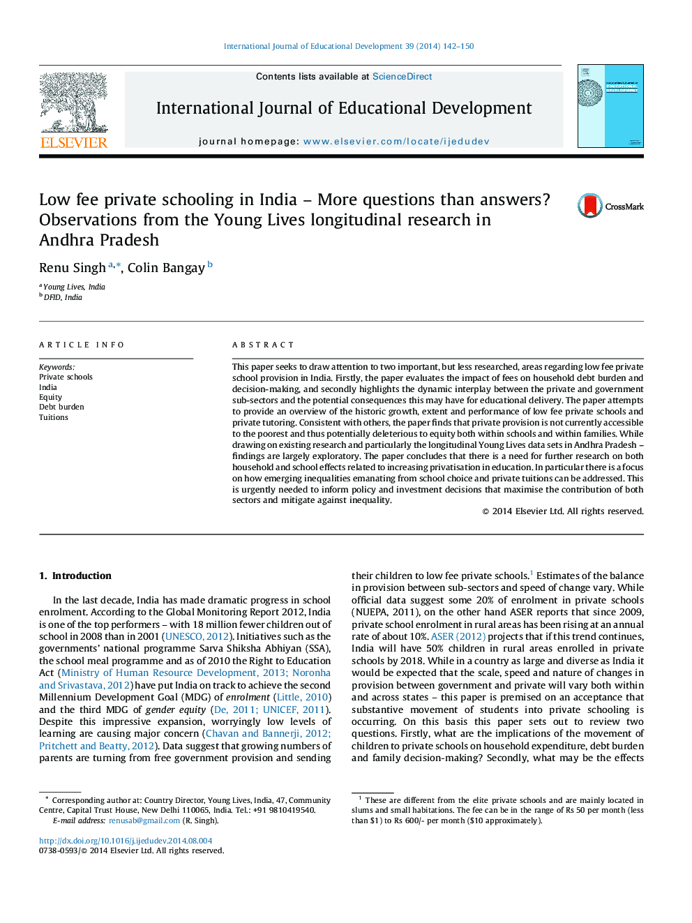 Low fee private schooling in India - More questions than answers? Observations from the Young Lives longitudinal research in Andhra Pradesh