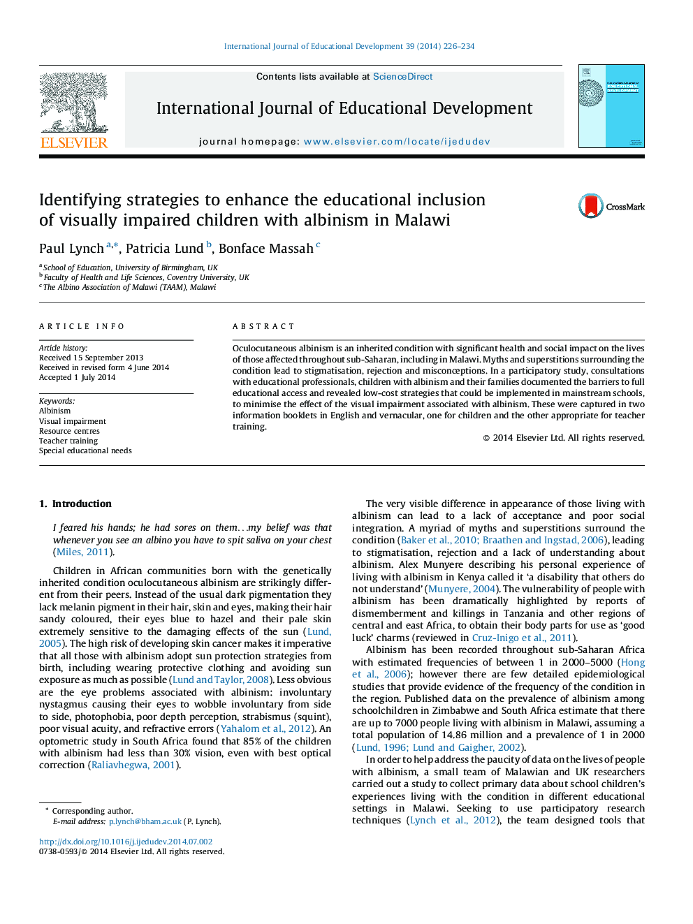 Identifying strategies to enhance the educational inclusion of visually impaired children with albinism in Malawi