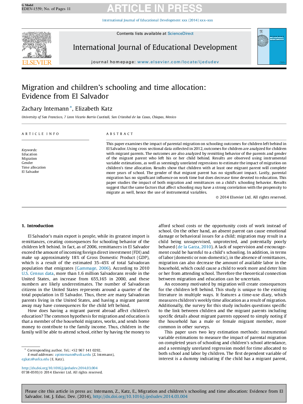 Migration and children's schooling and time allocation: Evidence from El Salvador