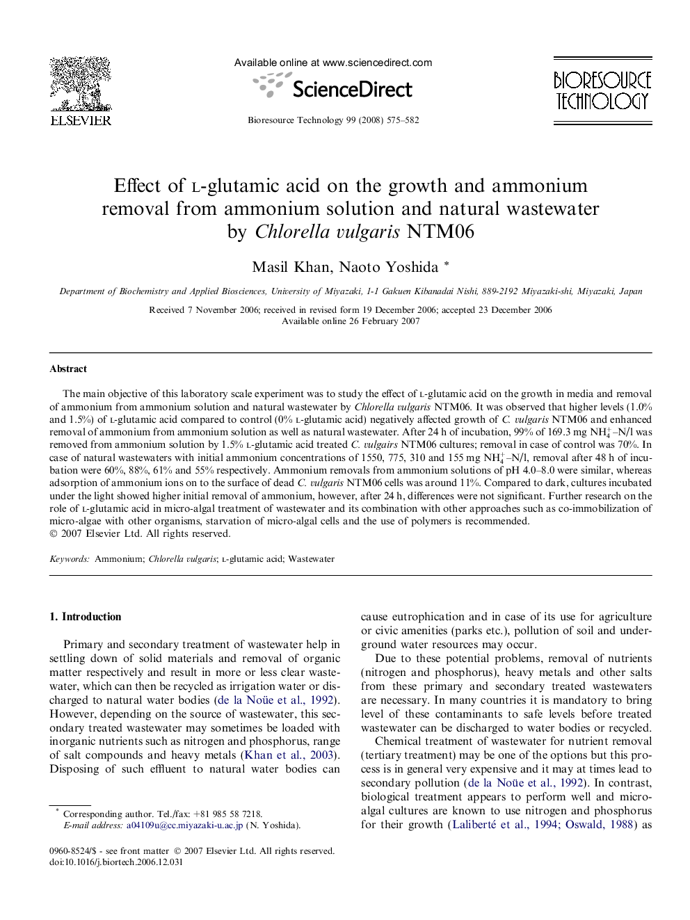 Effect of l-glutamic acid on the growth and ammonium removal from ammonium solution and natural wastewater by Chlorella vulgaris NTM06