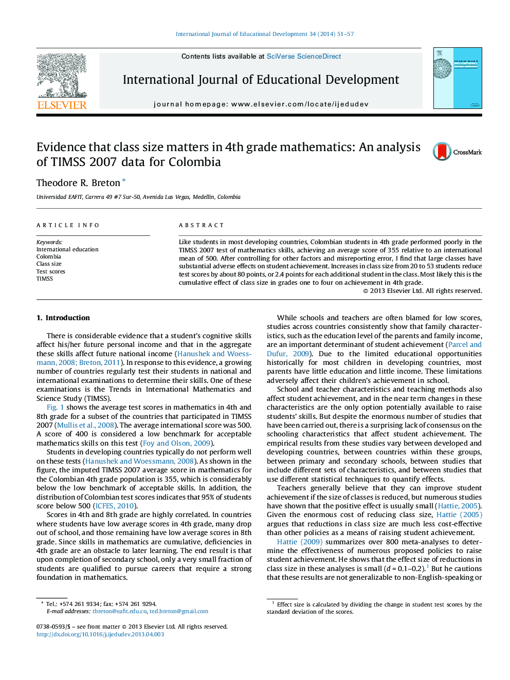Evidence that class size matters in 4th grade mathematics: An analysis of TIMSS 2007 data for Colombia