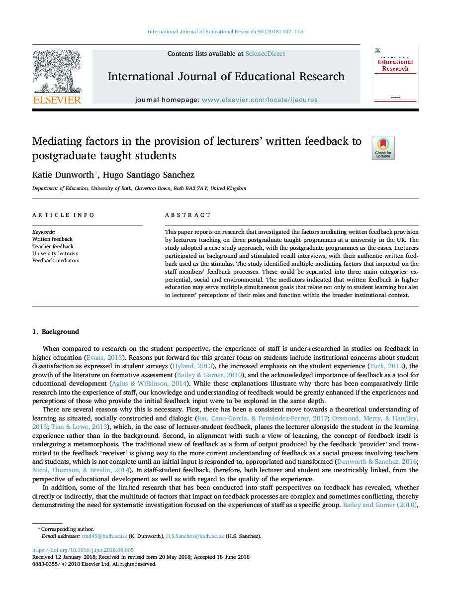 Mediating factors in the provision of lecturers' written feedback to postgraduate taught students