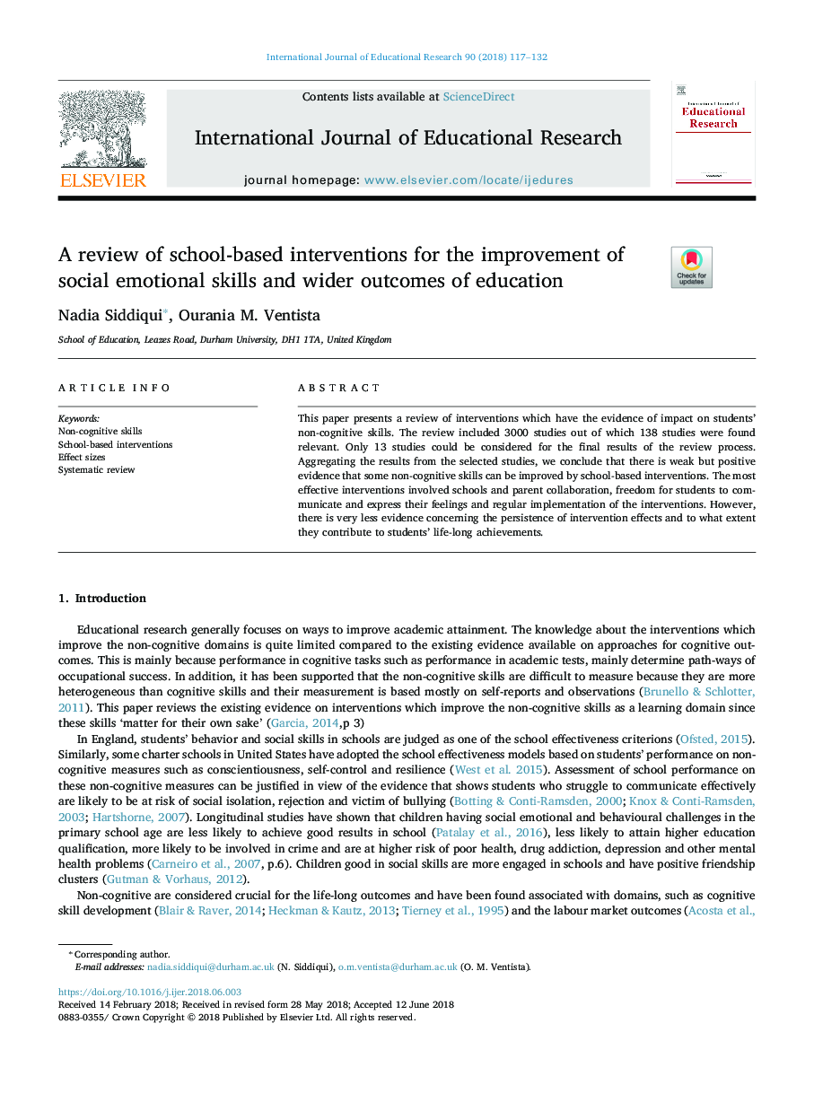 A review of school-based interventions for the improvement of social emotional skills and wider outcomes of education