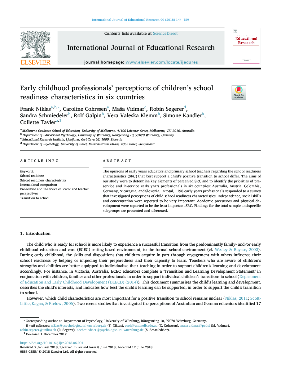 Early childhood professionals' perceptions of children's school readiness characteristics in six countries