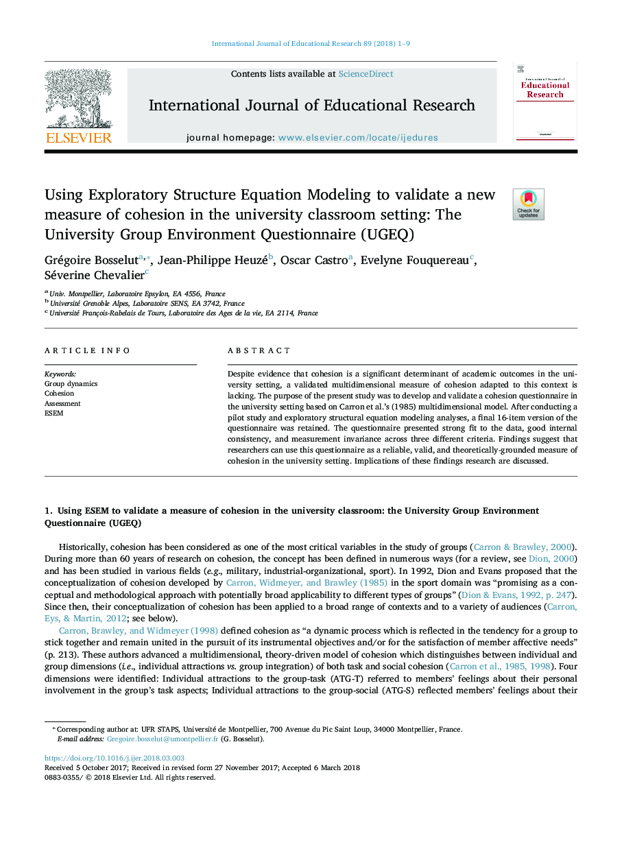 Using Exploratory Structure Equation Modeling to validate a new measure of cohesion in the university classroom setting: The University Group Environment Questionnaire (UGEQ)