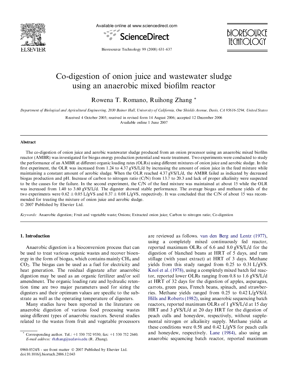 Co-digestion of onion juice and wastewater sludge using an anaerobic mixed biofilm reactor