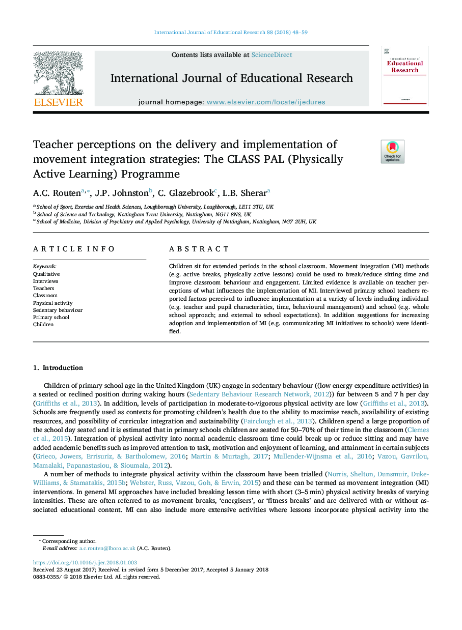 Teacher perceptions on the delivery and implementation of movement integration strategies: The CLASS PAL (Physically Active Learning) Programme