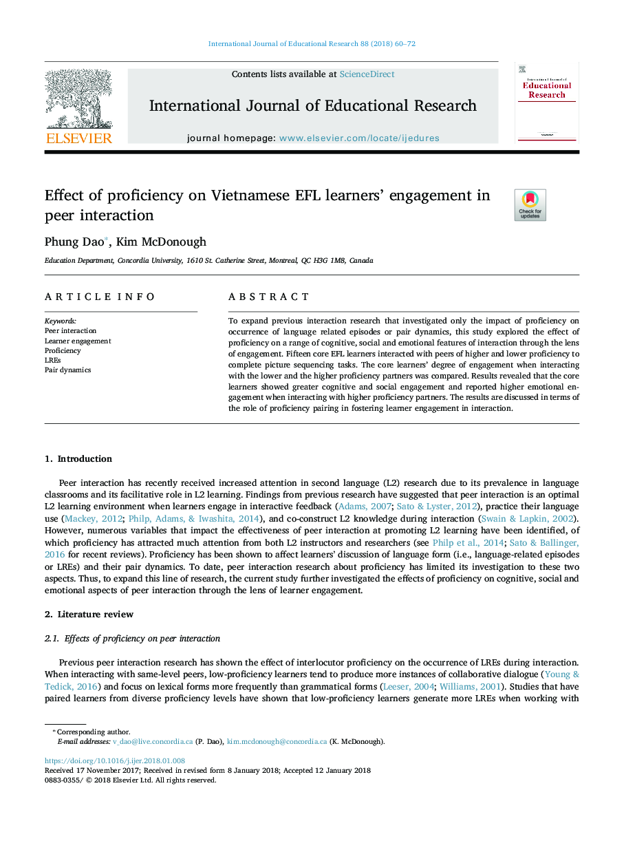 Effect of proficiency on Vietnamese EFL learners' engagement in peer interaction