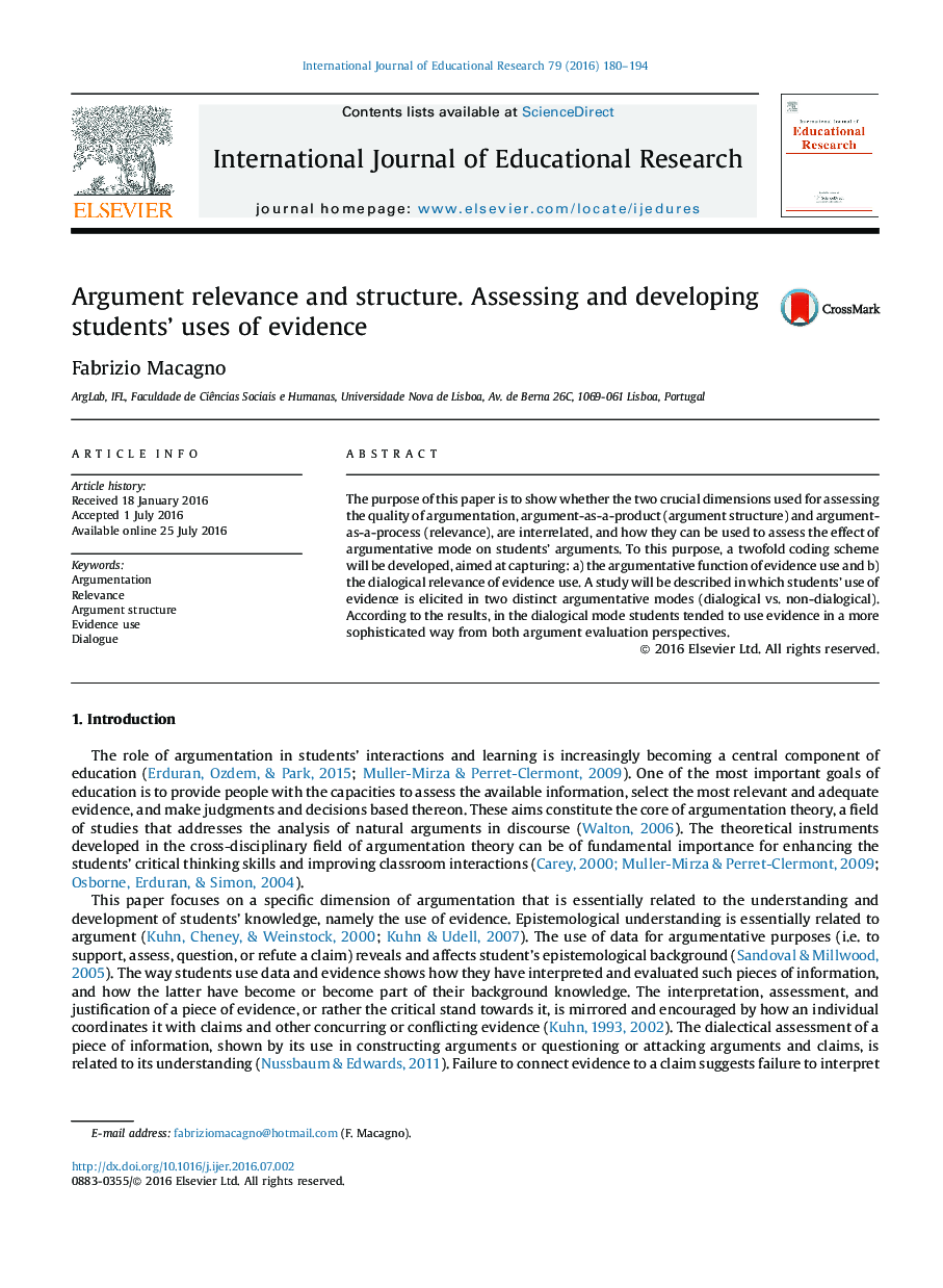 Argument relevance and structure. Assessing and developing students' uses of evidence