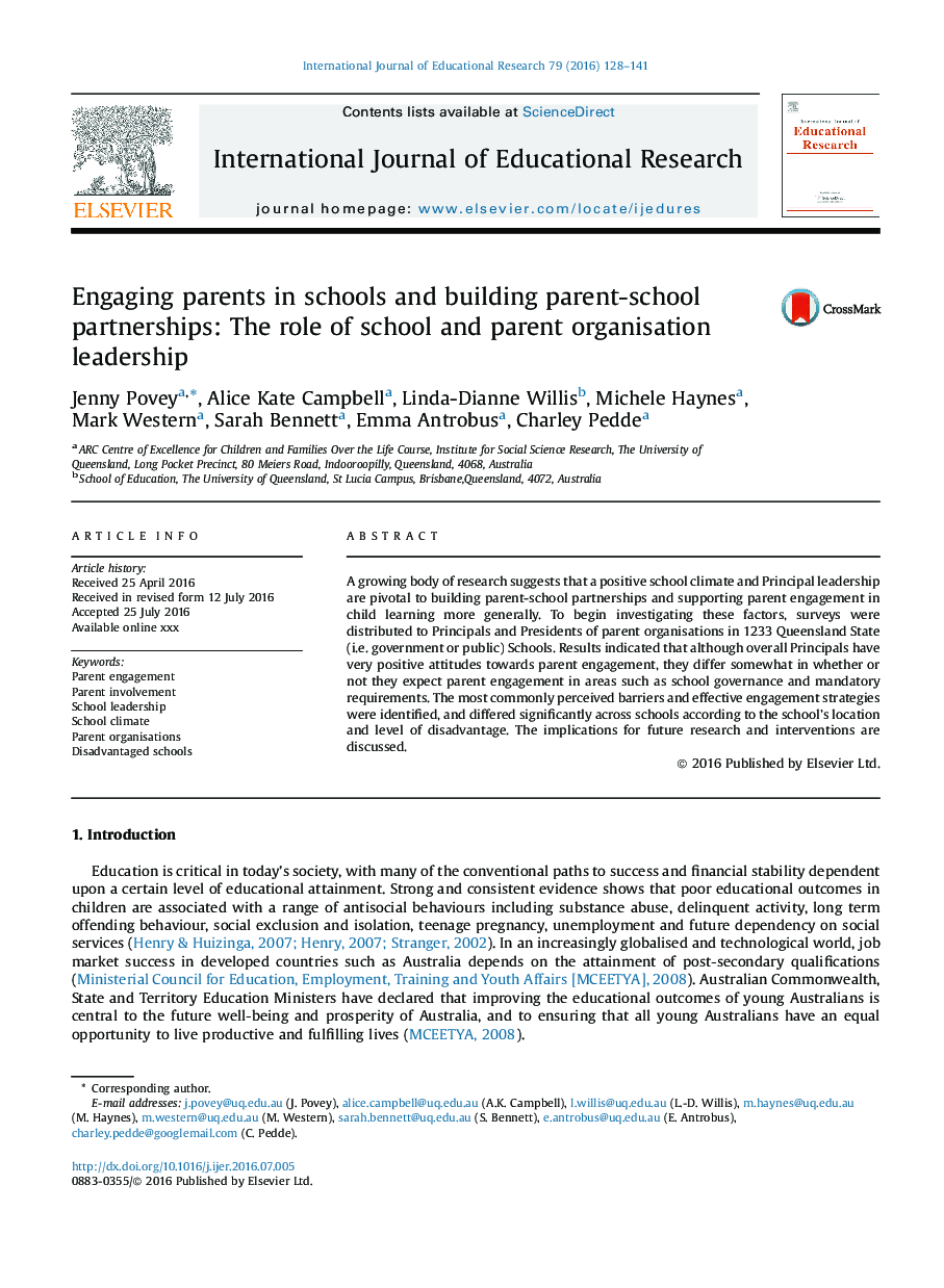Engaging parents in schools and building parent-school partnerships: The role of school and parent organisation leadership