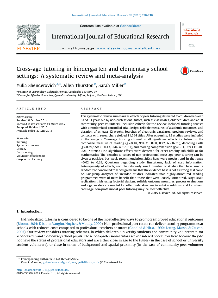 Cross-age tutoring in kindergarten and elementary school settings: A systematic review and meta-analysis