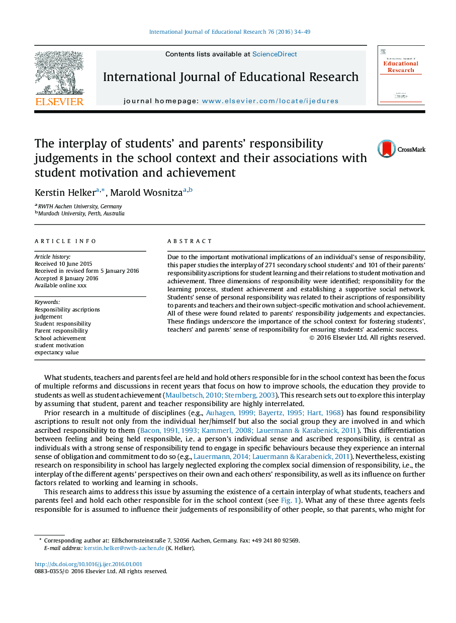 The interplay of students' and parents' responsibility judgements in the school context and their associations with student motivation and achievement