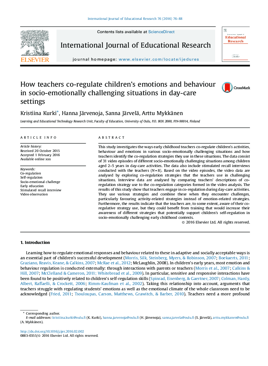 How teachers co-regulate children's emotions and behaviour in socio-emotionally challenging situations in day-care settings