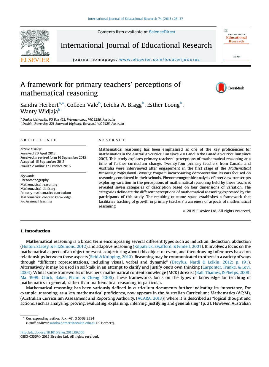 A framework for primary teachers' perceptions of mathematical reasoning
