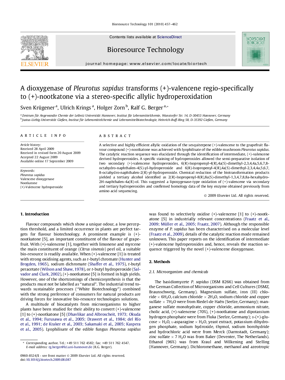 عکس صفحه اول مقاله: A dioxygenase of Pleurotus sapidus transforms (+)-valencene regio-specifically to (+)-nootkatone via a stereo-specific allylic hydroperoxidation A dioxygenase of Pleurotus sapidus transforms (+)-valencene regio-specifically to (+)-nootkatone via a stereo-specific allylic hydroperoxidation