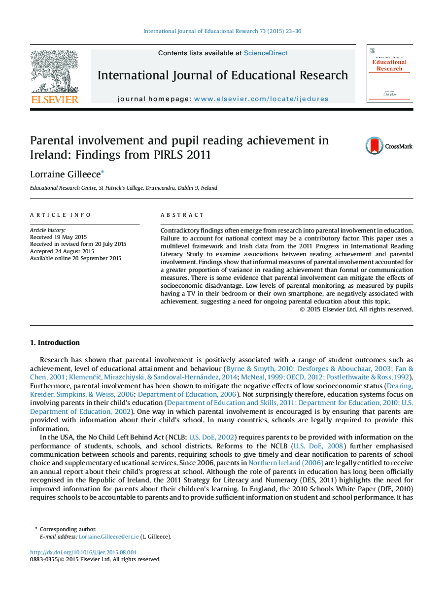 Parental involvement and pupil reading achievement in Ireland: âFindings from PIRLS 2011