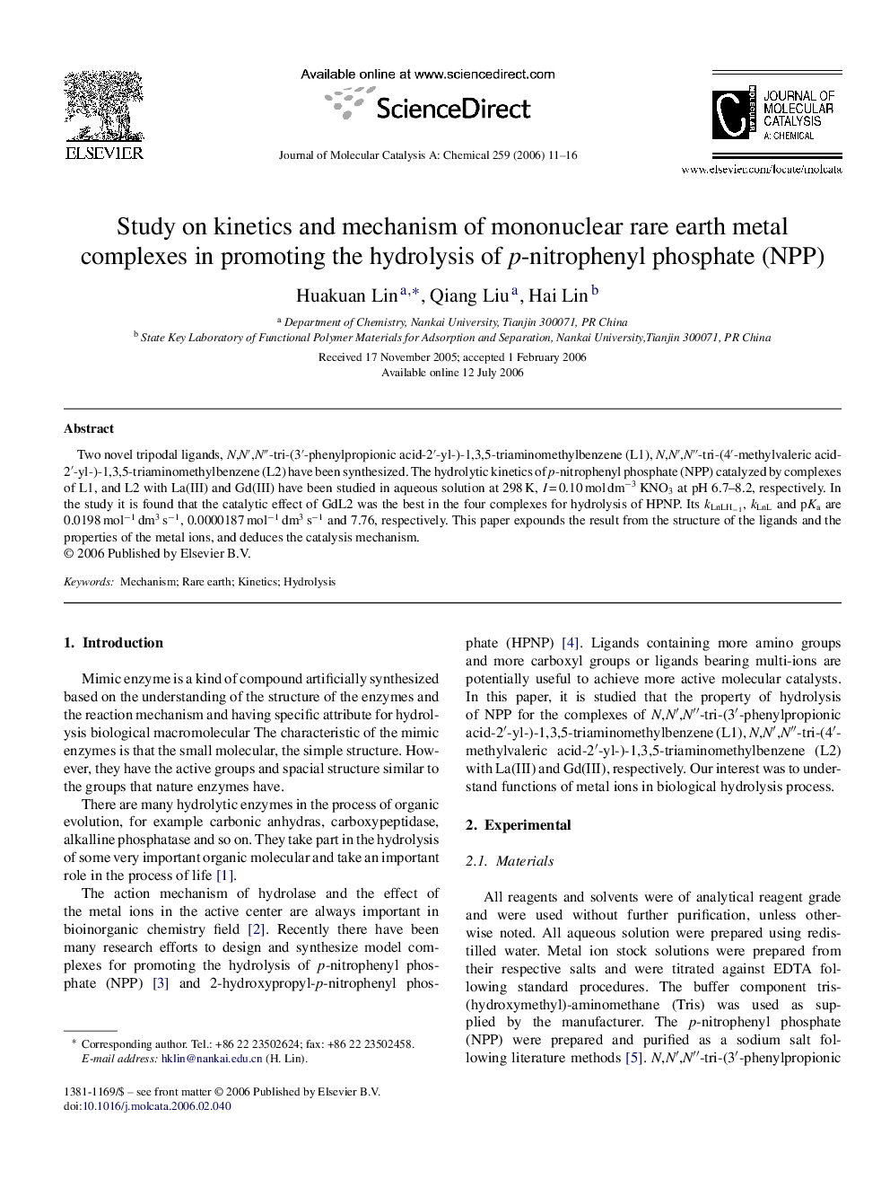 Study on kinetics and mechanism of mononuclear rare earth metal complexes in promoting the hydrolysis of p-nitrophenyl phosphate (NPP)