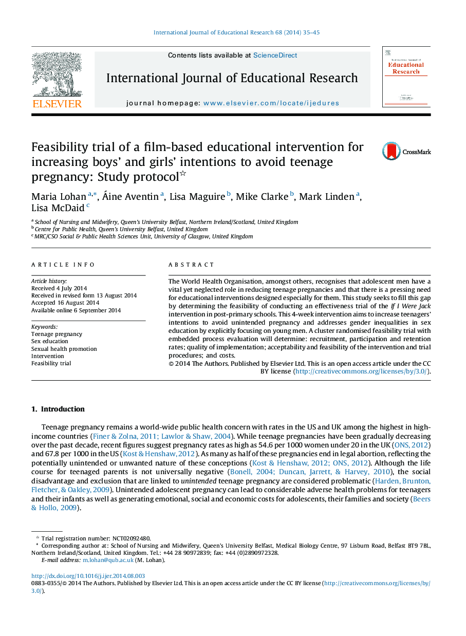 محتوای امکان سنجی مداخله آموزشی مبتنی بر فیلم برای افزایش درک نیازهای پسران و دختران برای اجتناب از حاملگی نوجوانی: پروتکل مطالعه 