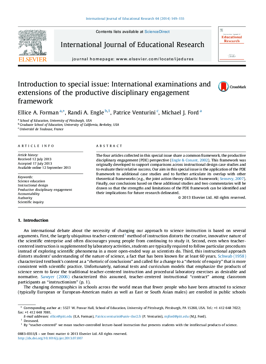 Introduction to special issue: International examinations and extensions of the productive disciplinary engagement framework