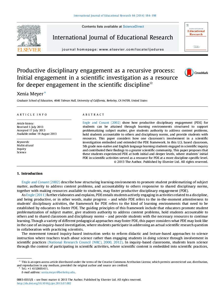 Productive disciplinary engagement as a recursive process: Initial engagement in a scientific investigation as a resource for deeper engagement in the scientific discipline