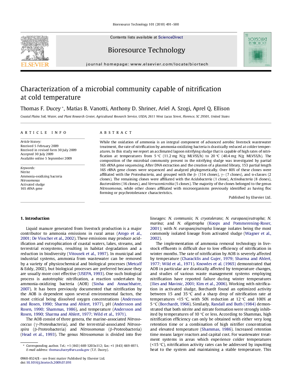 Characterization of a microbial community capable of nitrification at cold temperature