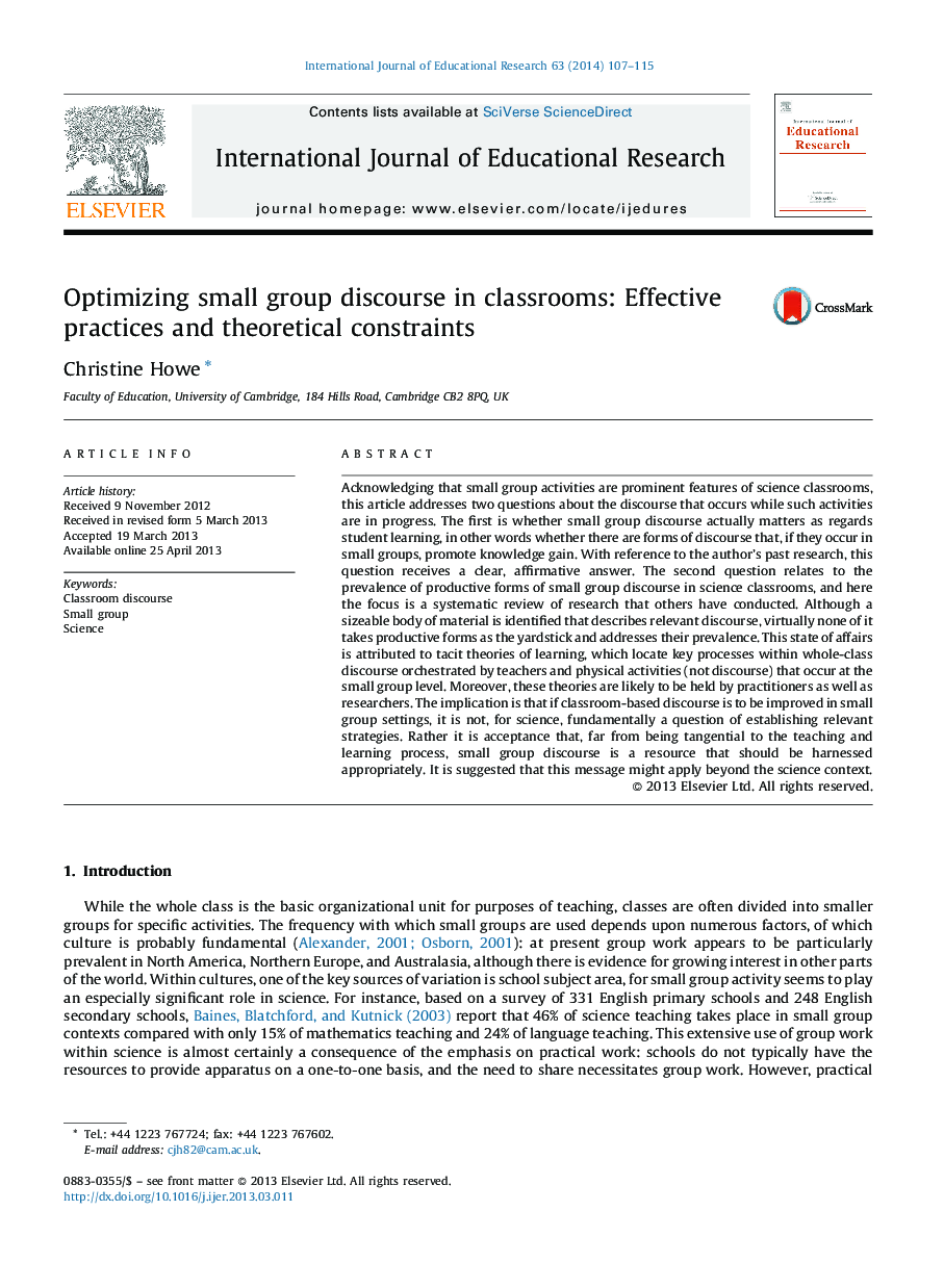 Optimizing small group discourse in classrooms: Effective practices and theoretical constraints