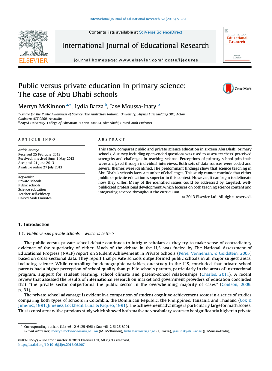 Public versus private education in primary science: The case of Abu Dhabi schools