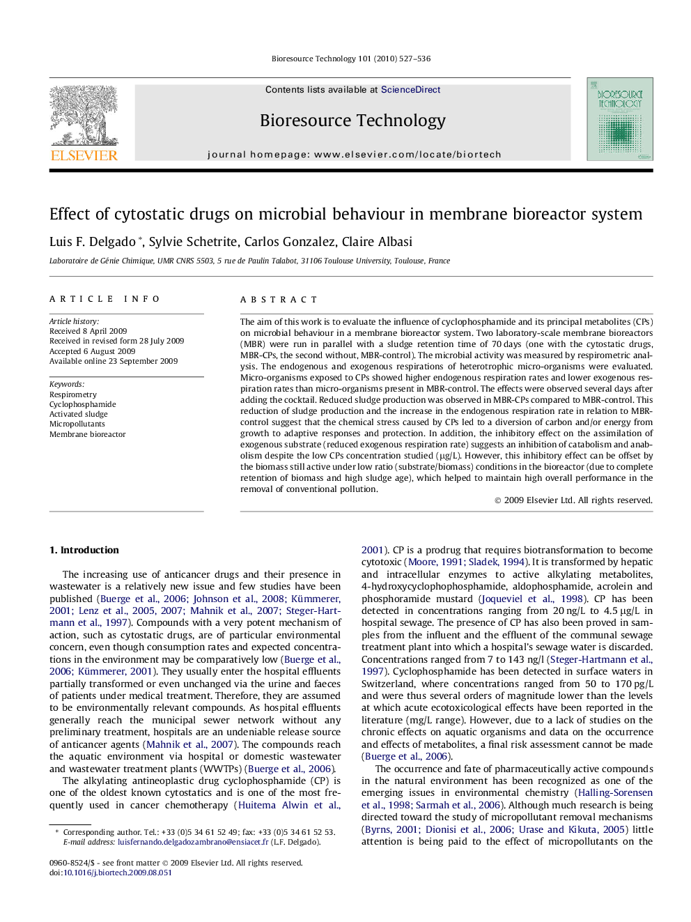 Effect of cytostatic drugs on microbial behaviour in membrane bioreactor system